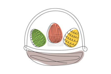 Wicker basket with colorful Easter eggs. Continuous one line drawing. Vector illustration isolated on white background. Festive decoration. For Easter promotions, greeting cards, holiday invitations