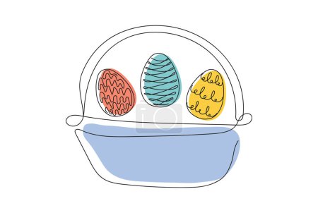 Wicker basket with colorful Easter eggs. Continuous one line drawing. Vector illustration isolated on white backdrop. Festive decoration. For Easter promotions, greeting cards, holiday invitations