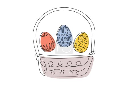Wicker basket with colorful Easter eggs. Continuous one line drawing. Vector isolated on white background. Festive decoration. For Easter promotions, greeting cards, holiday invitations. Art