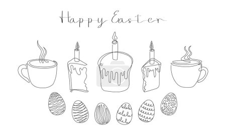 Easter Set in continuous one line style with design elements like Easter cakes with lit candles, painted eggs, steaming mugs with tea or coffee. Happy Easter greeting. Festive food. Black and white
