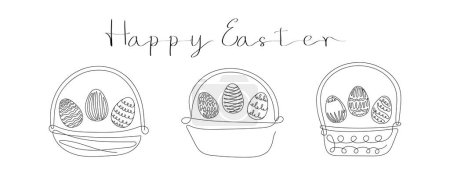 Set of Wicker baskets with Easter eggs and Happy Easter greeting. Continuous one line drawing. Black vector isolated on white background. For Easter promotions, greeting cards, holiday invitations.