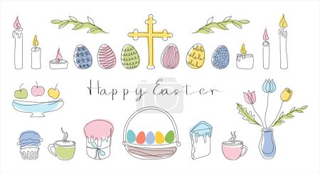 Easter Set in continuous one line style with design elements like Easter cakes, eggs, candles, cross, mugs, flowers, cupcake. Colored vector on white. Clipart. Easter card with Happy Easter greeting.