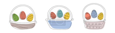 Set of Wicker baskets with colorful Easter eggs. Continuous one line drawing. Vector illustration isolated on white. Festive decoration. For Easter promotions, greeting cards, holiday invitations.