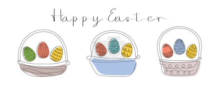 Set of Wicker baskets with Easter eggs and Happy Easter greeting. Continuous one line drawing. Vector isolated on white background. For Easter promotions, greeting cards, holiday invitations.
