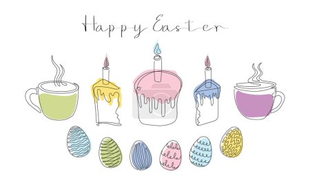 Easter Set in continuous one line style with design elements like Easter cakes with lit candles, painted eggs, steaming mugs with tea or coffee. Happy Easter greeting. Festive food. Colors