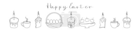Set de Pascua en estilo continuo de una línea con elementos de diseño como pasteles de Pascua con velas encendidas, cesta de mimbre con huevos pintados, tazas humeantes. Feliz saludo de Pascua. Comida festiva. Blanco y negro.
