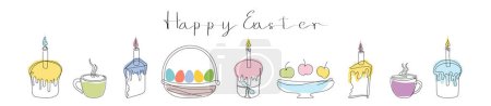 Easter Set in continuous one line style with design elements like Easter cakes with lit candles, wicker basket with painted eggs, steaming mugs. Happy Easter greeting. Festive food. Colorful vector