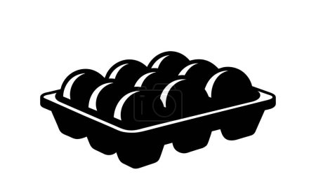 Silhouette eines Eierkartons mit Eiern. Grafische Illustration einer schwarzen und weißen Eierschachtel. Symbol, Schild, Piktogramm. Konzept der Lebensmittelaufbewahrung, Grundbedürfnisse in der Küche, Lebensmittel. Isoliert auf weißer Oberfläche