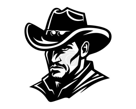 Illustration for Black and white vector cowboy with a stern look. Hat-wearing bearded man in monochrome style. Isolated on white background. Concept of Wild West, traditional masculinity, and retro fashion. - Royalty Free Image