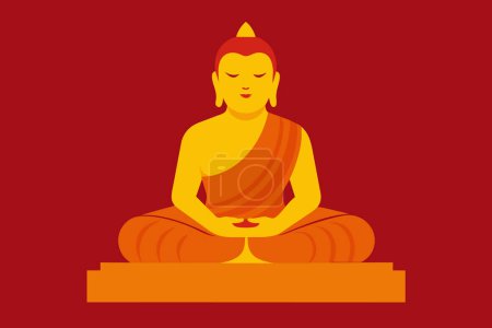 Buddha meditating on lotus position. Symbol of Buddhism. Concept of enlightenment, meditation, Zen, religion, spiritual awakening, inner peace, tranquility. Red background. Graphic art