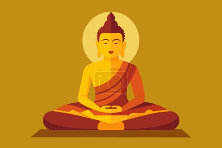 Buddha meditating on lotus position. Symbol of Buddhism. Concept of enlightenment, meditation, Zen, religion, spiritual awakening, inner peace, tranquility. Yellow background. Graphic art
