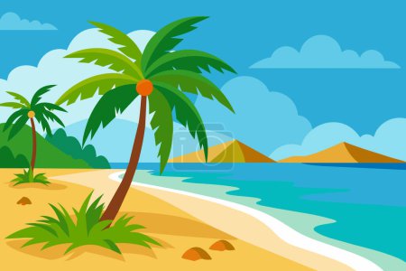 Tropical beach graphic art with palm trees and ocean view. Bright sandy shore with lush greenery and calm seas. Concept of travel, summer destinations, beach scenery, vacation paradise