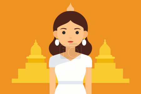 Thai woman in traditional white attire against backdrop of Buddhist temple. Simple Graphic illustration. Concept of spirituality, tradition, Asian culture, peaceful meditation