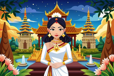 Thai woman in traditional white attire against backdrop of Buddhist temple. Graphic illustration. Concept of spirituality, tradition, Asian culture, peaceful meditation