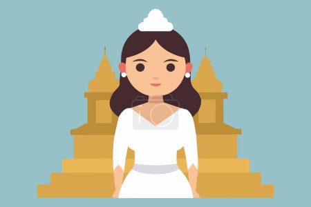 Thai woman in traditional white attire against backdrop of Buddhist temple. Simple Graphic art. Concept of spirituality, tradition, Asian culture, peaceful meditation