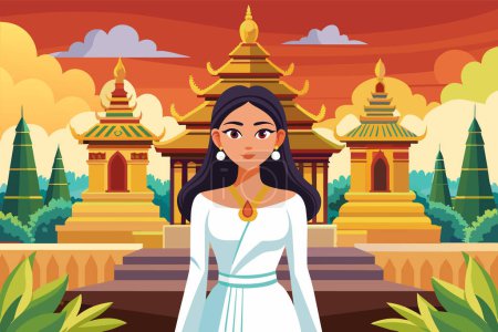 Thai woman in traditional white attire against backdrop of Buddhist temple. Graphic art. Concept of spirituality, tradition, Asian culture, peaceful meditation