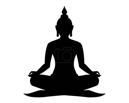 Black Silhouette of Buddha in lotus position isolated on white backdrop. Graphic illustration. Buddhist meditation icon. Concept of Zen practice, religious, meditation, Buddhism