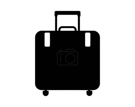 Black rolling suitcase silhouette isolated on white backdrop. Silhouette of a wheeled luggage bag. Concept of travel, tourism, vacation, business trips, and luggage portability. Graphic illustration