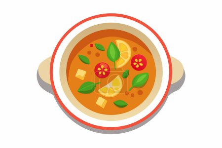 Thai Tom Yum Suppe mit Garnelen, Pilzen, frischen Kräutern. Aromatisch würzige Brühe. Konzept der asiatischen Küche, thailändische Küche, exotische Küche, traditionelles Gericht. Grafische Kunst. Vereinzelt auf weißem Hintergrund. Ansicht von oben