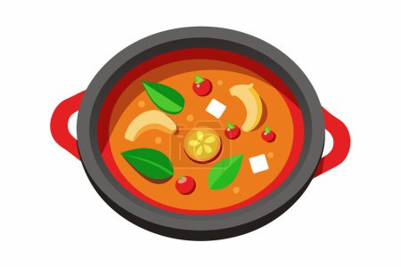 Thai Tom Yum Suppe mit Garnelen, Pilzen, frischen Kräutern. Aromatisch würzige Brühe. Konzept der asiatischen Küche, thailändische Küche, exotische Küche, traditionelles Gericht. Grafische Kunst. Isoliert auf weiß. Ansicht von oben