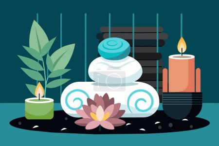 Elegant spa setting with lit candles, flowers, towels. Calming wellness retreat for relaxation. Concept of luxury Thai spa, tranquility, indulgence. Graphic illustration. Print, design element