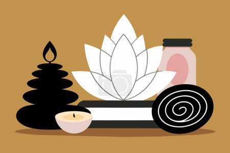 Spa setting with lit candles, flowers, towels. Calming wellness retreat for relaxation. Concept of luxury Thai spa, tranquility, indulgence. Graphic illustration. Print, design element