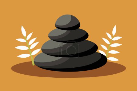 Stacked smooth stones with a decorative branch on a warm orange background. Zen stone stack illustration. Concept of balance, harmony, simplicity, and peace. Graphic art