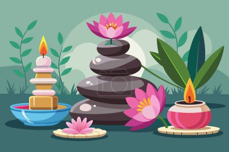 Illustrated spa setting featuring candles, smooth stones, and blooming lotus. Calm zen spa composition. Concept of wellness, serenity, relaxation techniques, peaceful decor. Graphic art