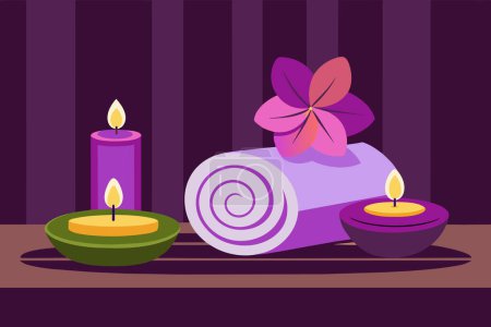 Elegant purple spa setting with lit candles, flowers, towels. Calming wellness retreat for relaxation. Concept of luxury Thai spa, tranquility, indulgence. Graphic illustration. Print, design element