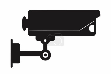 Black silhouette of a security camera isolated on white backdrop Simple graphic design of surveillance equipment. Concept of security, monitoring, safety. Print, logo, sign, design element
