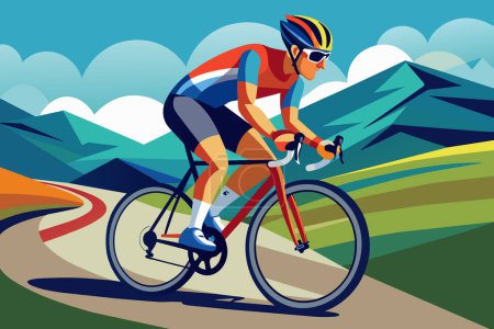 Cyclist racing on a road. Man on a bicycle. Vibrant graphic illustration. Concept of outdoor sports, adventure cycling, fitness, active lifestyle. Print, design elemen