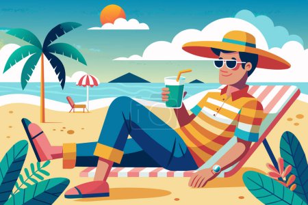 Man enjoying tropical drink on sunny beach. Guy with refreshing cocktail. Concept of summer leisure, beach relaxation, vacation vibes. Graphic illustration. Print, design