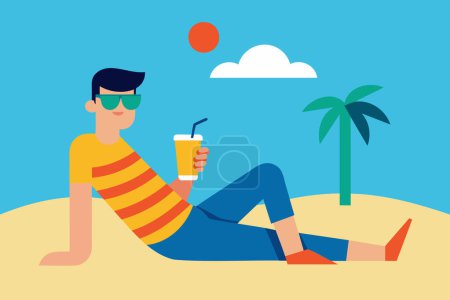 Man enjoying tropical drink on sunny beach. Guy with refreshing cocktail. Concept of summer leisure, beach relaxation, vacation vibes. Simple Graphic illustration. Print, design