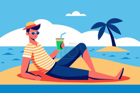 Man enjoying tropical drink on sunny beach. Guy with refreshing cocktail. Concept of summer leisure, beach relaxation, vacation vibes. Simple Graphic illustration. Print, design