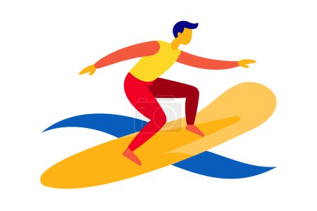 Der Mensch surft auf einer lebhaften Welle. Surfer auf einem bunten Surfbrett, das auf einer Welle reitet. Wassersport, Action, Urlaub. Grafische Illustration. Druck, Design. Isoliert auf weißem Hintergrund