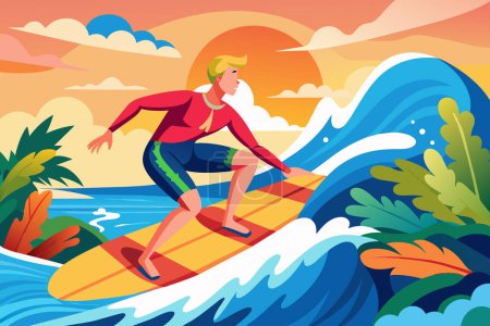 Der Mensch surft auf einer lebhaften Welle. Surfer auf einem bunten Surfbrett, das auf einer Welle reitet. Wassersport, Action, Urlaub. Grafische Illustration. Druck, Design.
