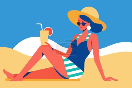 Woman enjoying tropical drink on sunny beach. Young lady with refreshing cocktail. Concept of summer leisure, beach relaxation, vacation vibes. Simple Graphic illustration. Print, design