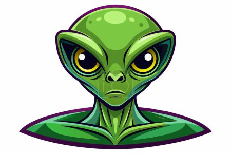 Green alien head with large eyes isolated on white background. Portrait of a humanoid in a cartoon style. Concept of extraterrestrial, sci-fi design, space being. Graphic art