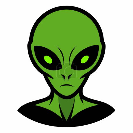 Green alien head with large eyes isolated on white background. Portrait of a humanoid in a cartoon style. Concept of extraterrestrial, sci-fi design, space being. Graphic art