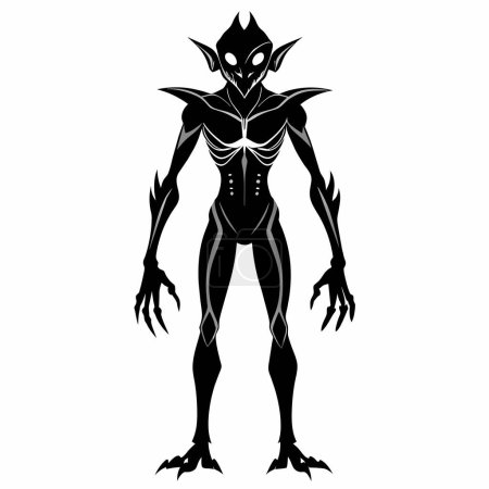 Black silhouette of an alien isolated on white background. Humanoid figure. Graphic art. Concept of extraterrestrial, sci-fi design, space character. Icon, print, pictogram, design element