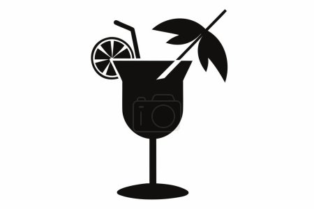 Design en silhouette d'un verre à cocktail tropical avec décoration parapluie. Icône de boisson à la plage. Illustration noire isolée sur fond blanc. Impression, logo, pictogramme. Concept de vacances, boissons à la plage