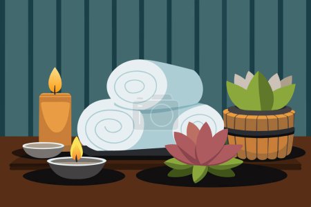 Spa setting with lit candles, flowers, towels. Calming wellness retreat for relaxation. Concept of luxury Thai spa, tranquility, indulgence. Graphic illustration. Print, design element