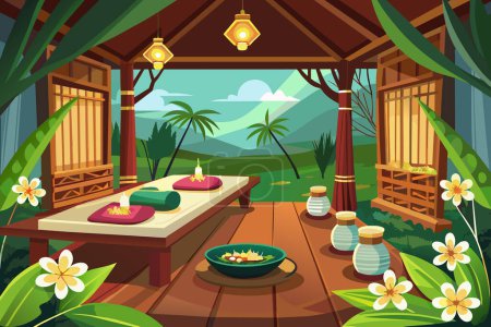 Illustration for Empty Thai spa treatment room. Spa interior. Concept of relaxation, massage room, wellness, tranquility, indulgence. Graphic illustration. Print, textile design element - Royalty Free Image
