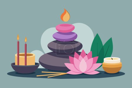Zen spa arrangement with stacked stones, candles, and lotus flowers. Peaceful spa setting illustration. Concept of relaxation, meditation, spa decor, tranquil environment. Graphic art