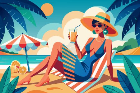 Woman enjoying tropical drink on sunny beach. Young lady with refreshing cocktail. Concept of summer leisure, beach relaxation, vacation vibes. Graphic illustration. Print, design