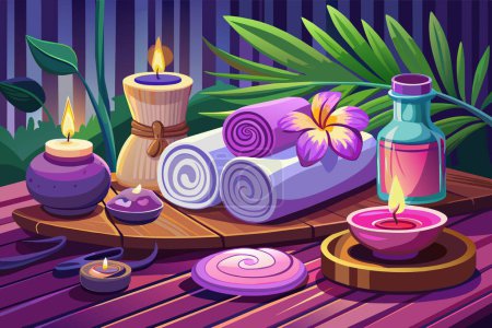 Elegant purple spa setting with lit candles, flowers, towels. Calming wellness retreat for relaxation. Concept of luxury Thai spa, tranquility, indulgence. Graphic illustration. Print, design element
