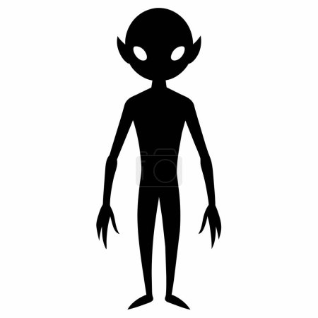 Black silhouette of an alien isolated on white background. Humanoid figure. Graphic art. Concept of extraterrestrial, sci-fi design, space character. Icon, print, pictogram, design element