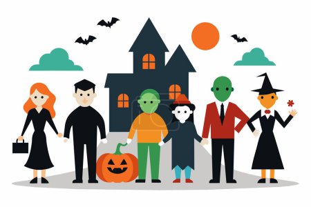 Cartoon illustration of a Halloween family in front of a haunted house. Characters include a witch, vampire, zombie, and pumpkin. Holiday, spooky, family, celebration concept. Isolated on white