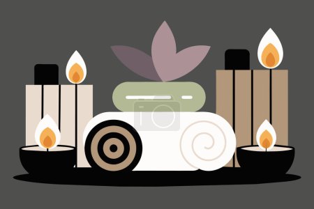 Cadre de spa élégant avec bougies allumées, fleurs, serviettes. Retraite bien-être apaisante pour la détente. Concept de spa thaïlandais de luxe, tranquillité, indulgence. Illustration graphique. Imprimer, élément design