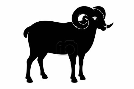 Black silhouette of a standing male ram with curled horns. Sheep concept, animal icon, livestock design, agriculture theme. Black silhouette isolated on white background.